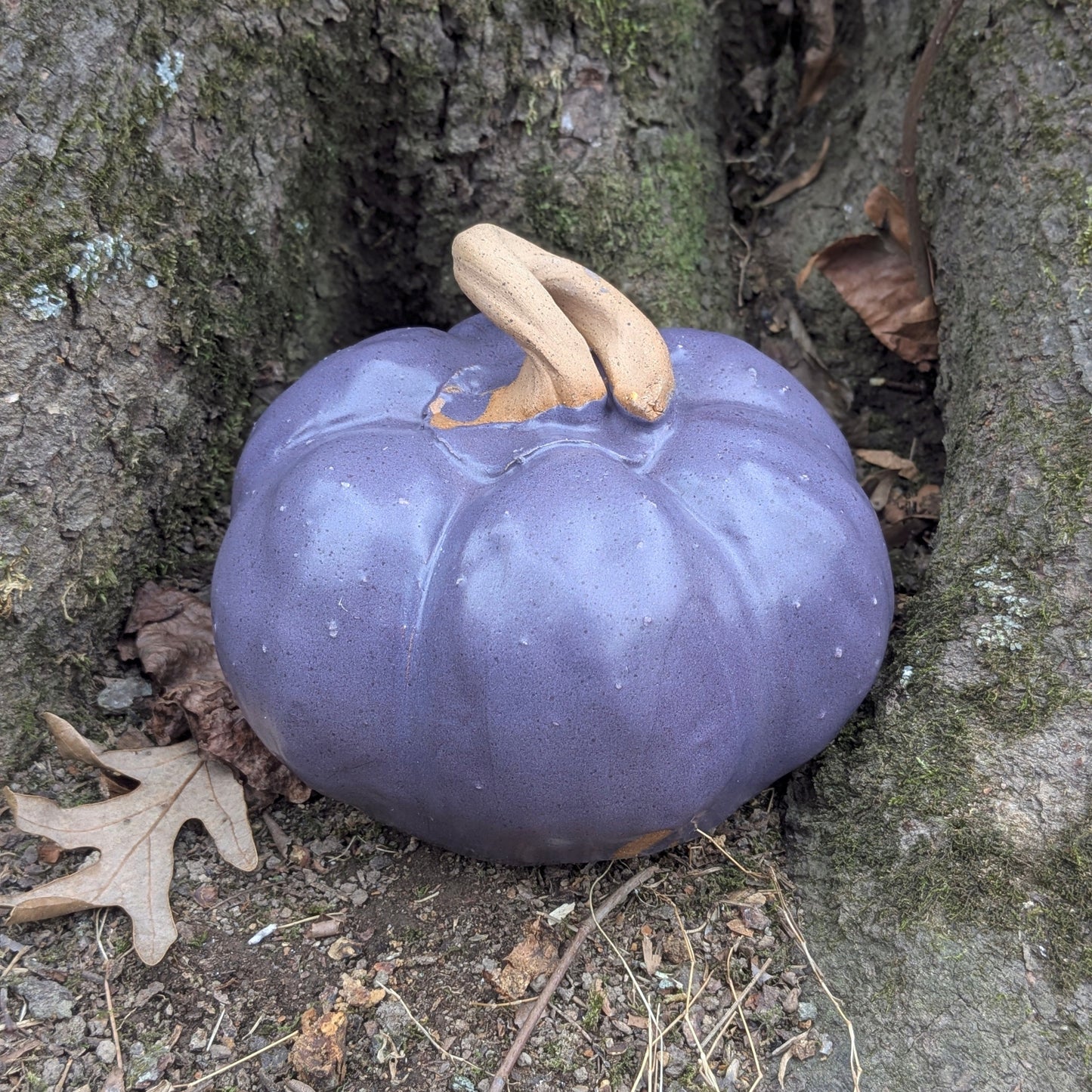 Small ceramic pumpkin on dry leaves
