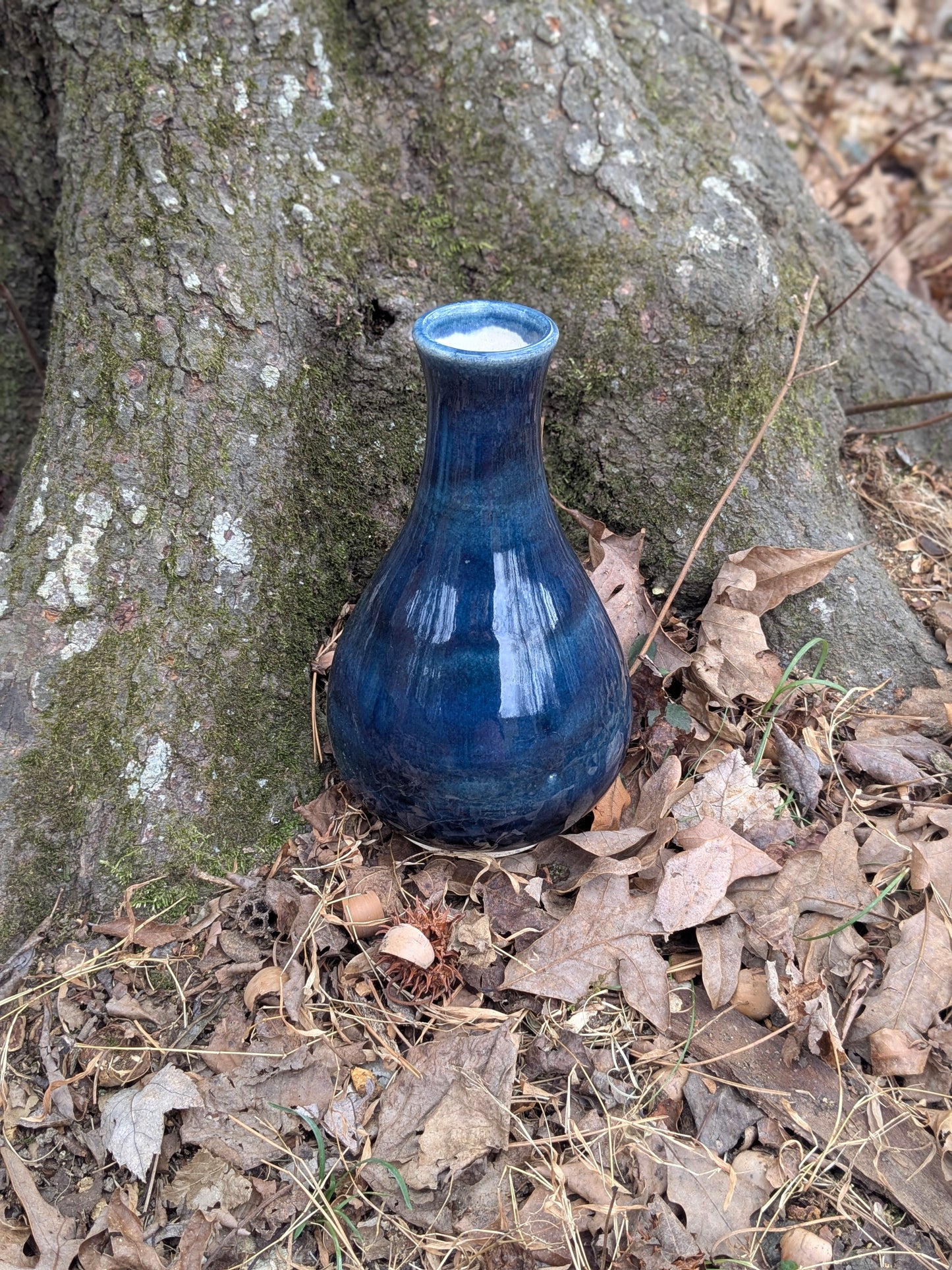 Blue ceramic vase on the ground next to a tree