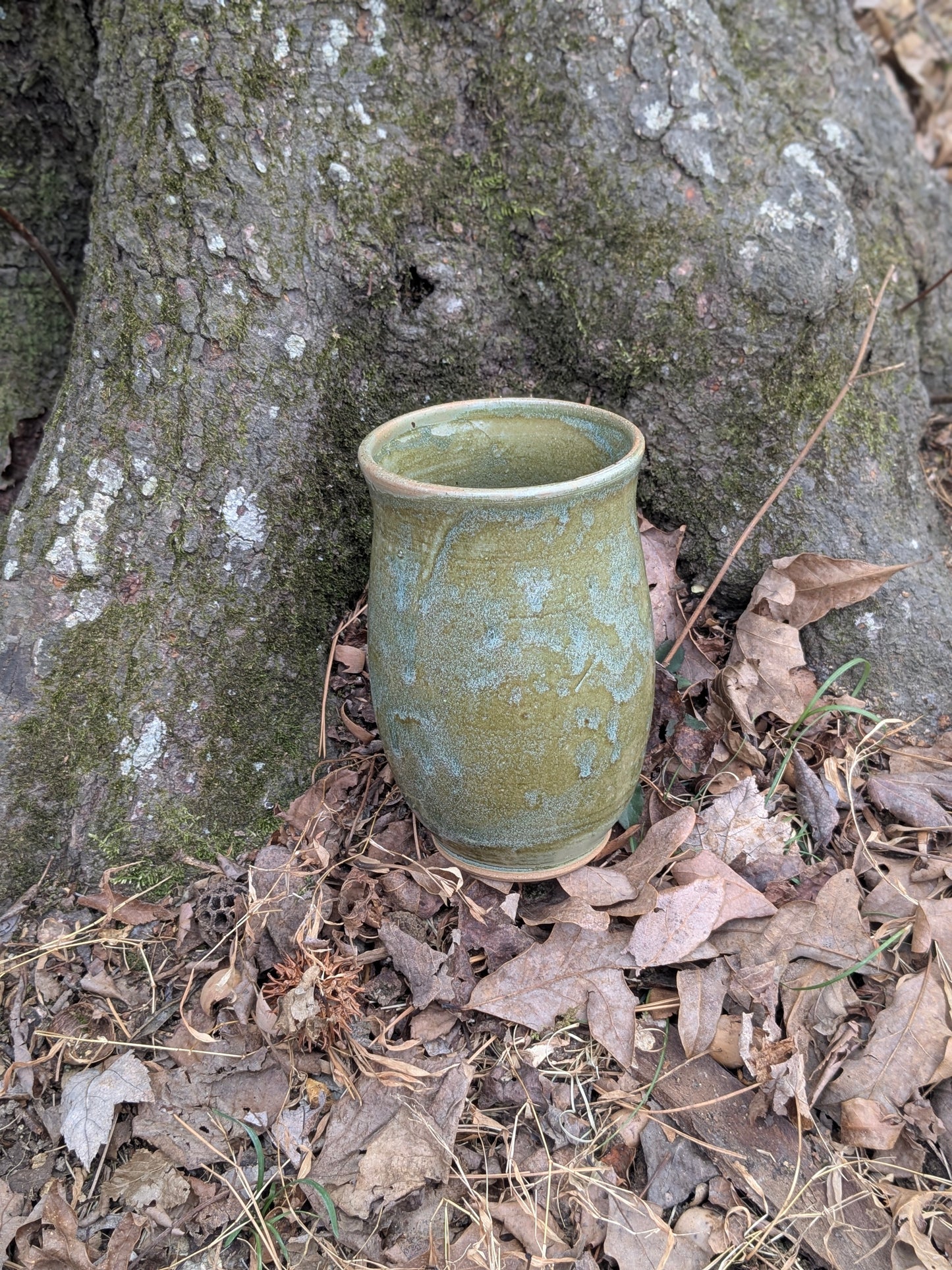 Green ceramic cup on the ground against a tree trunk