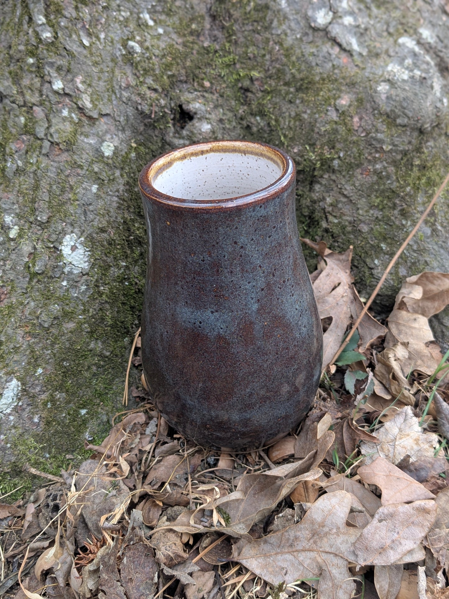 Ceramic vase on a bed of leaves against a tree trunk background